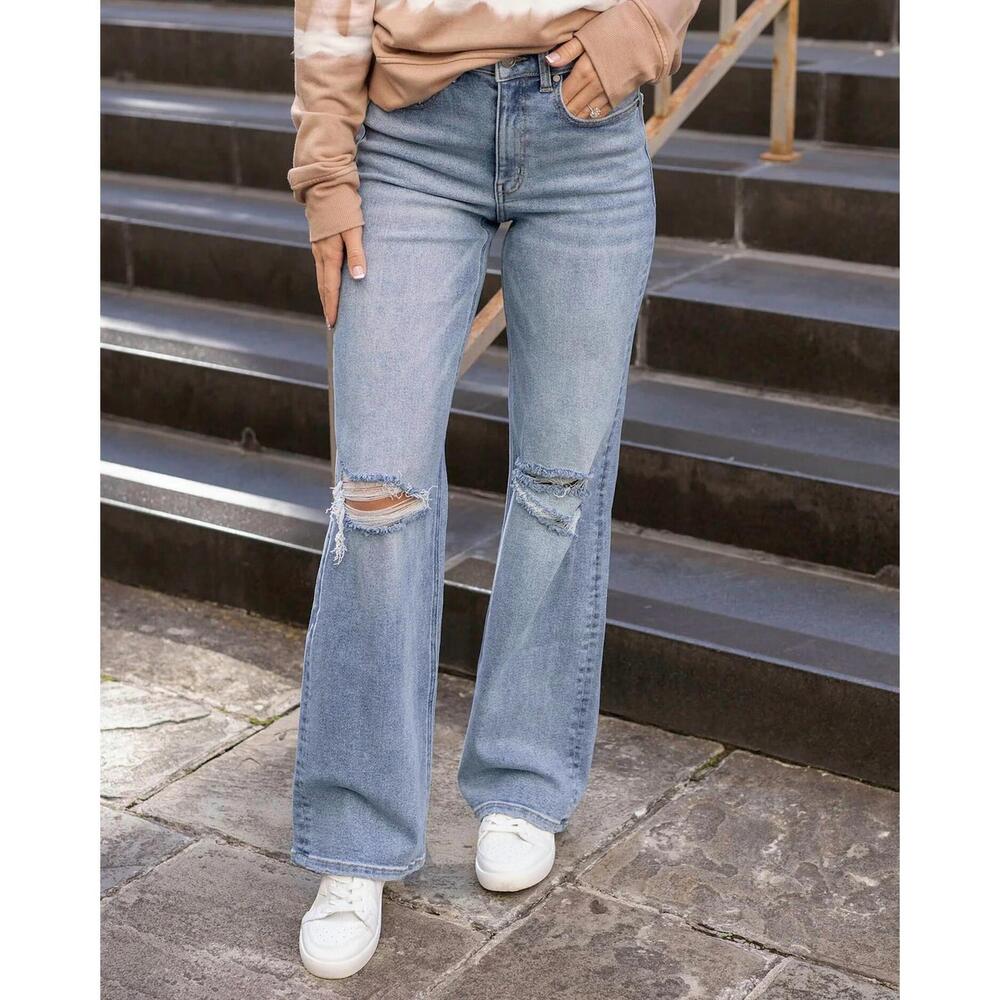 NEW GRACE AND LACE distressed wide leg jeans in light blue